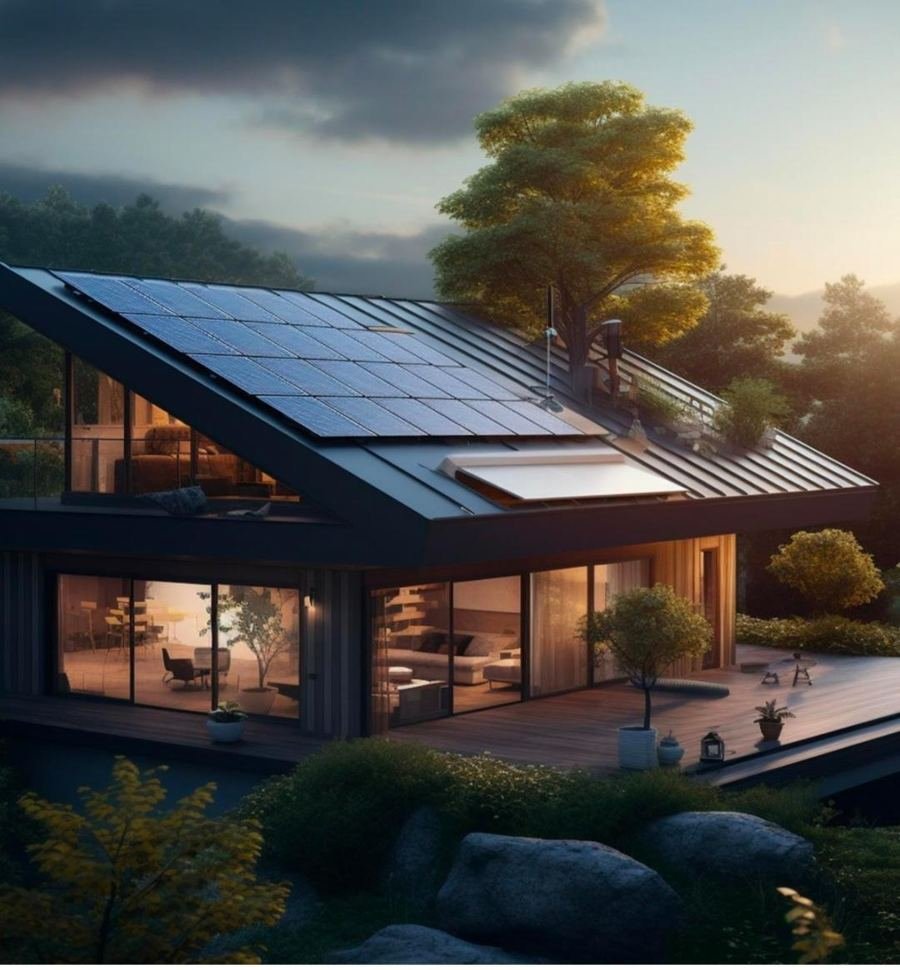 Rooftop solar panel installation at dusk